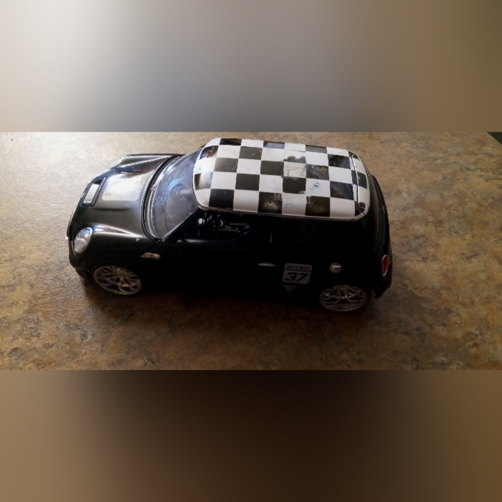 Black Mini Cooper Style Car Model with Checkered Roof - Automotive Decor 1/24 - Picture 5 of 10